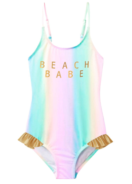 Pastel Beach Babe Gold Ruffle Swimsuit