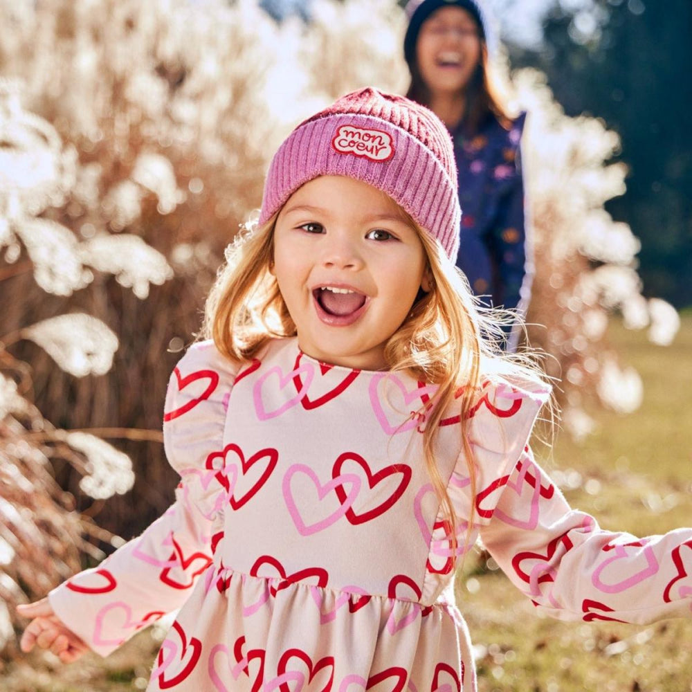 Recycled Cotton Hearts Baby Ruffle Dress - Festival Pink Hearts