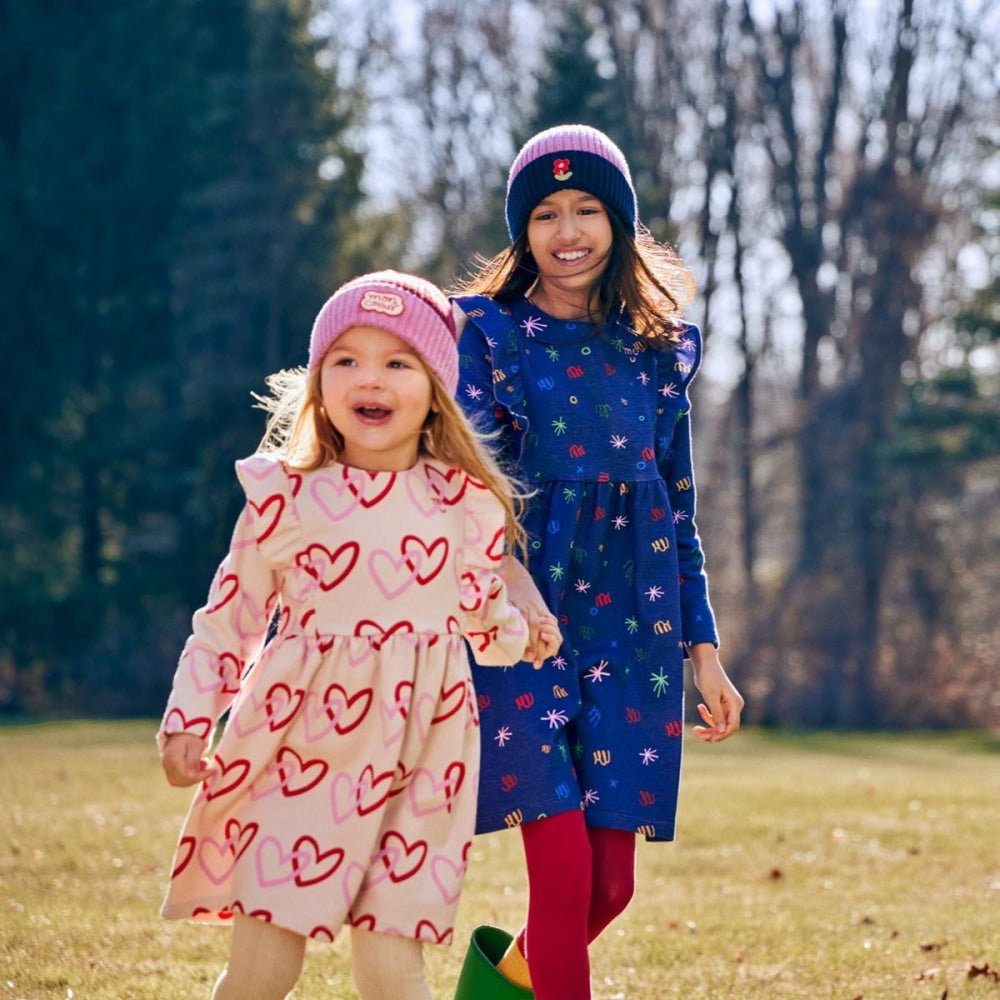Recycled Cotton Hearts Baby Ruffle Dress - Festival Pink Hearts