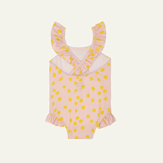 Recycled Polyester Pink Dotted Ruffle Baby Swimsuit - Misty Rose/cyber Yellow