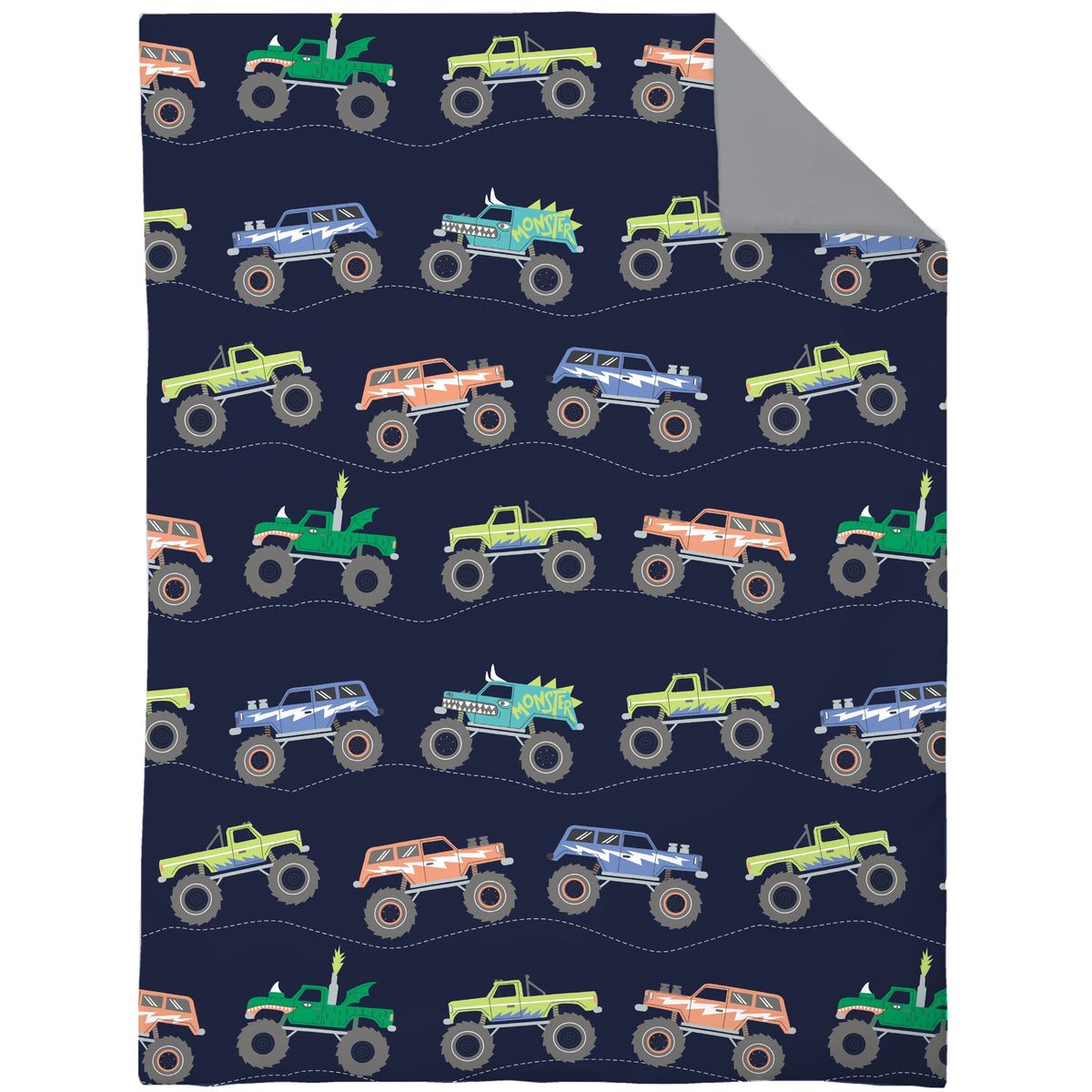 Carter's Monster Truck 4 Piece Toddler Bed Set - Comforter, Fitted Bottom Sheet, Flat Top Sheet, Standard Pillowcase, Navy and Grey