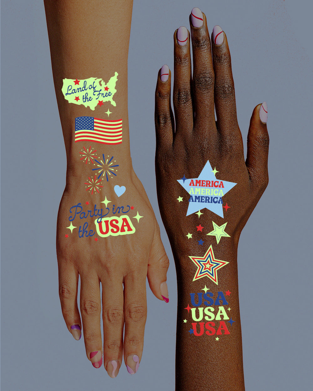 Fourth of July Tattoos - 2 sheets glow in the dark tattoos
