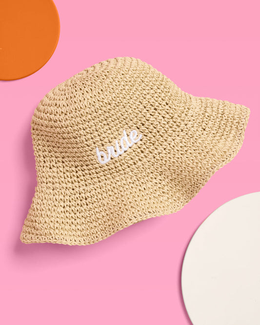 Straw Bride Bucket Hat - embroidered hat