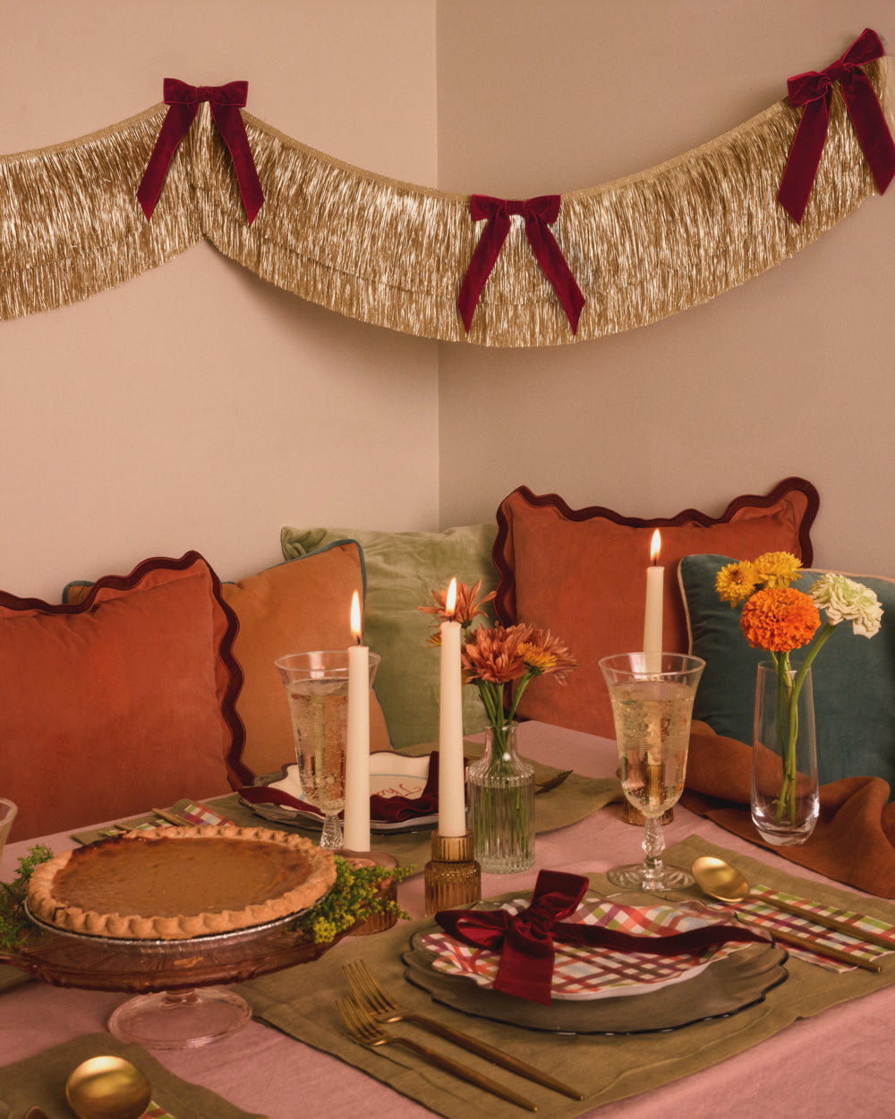 Golden Bow Fringe - layered fringe + velvet bows