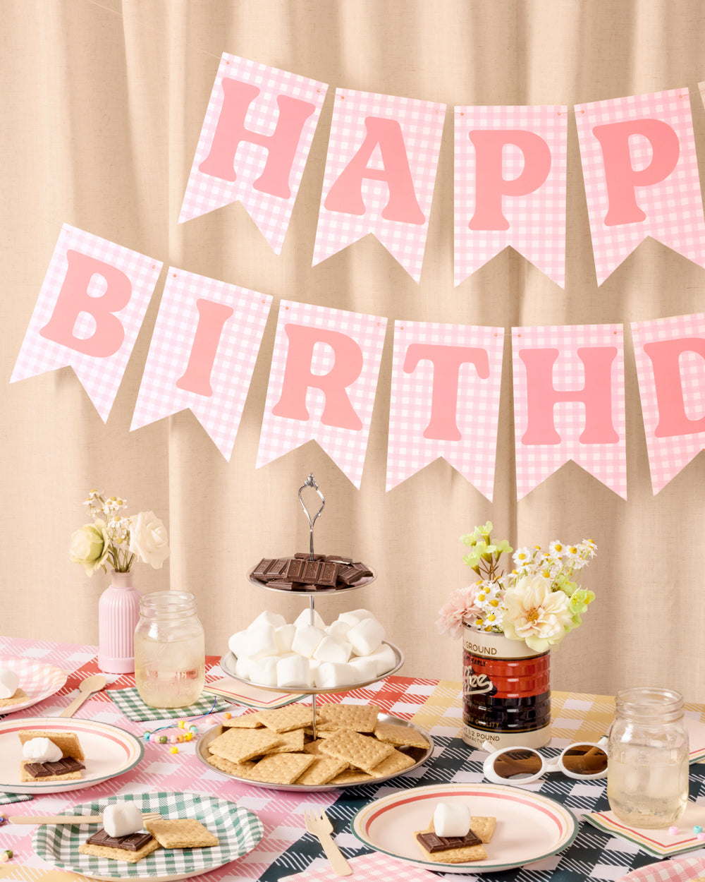 Gingham Birthday Banner - pre-strung banner