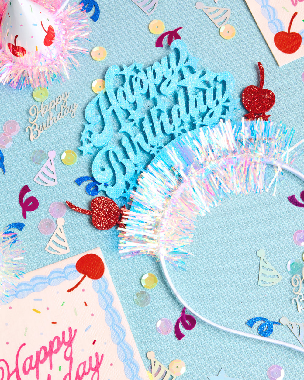 HBD Headband - cherry tinsel headband
