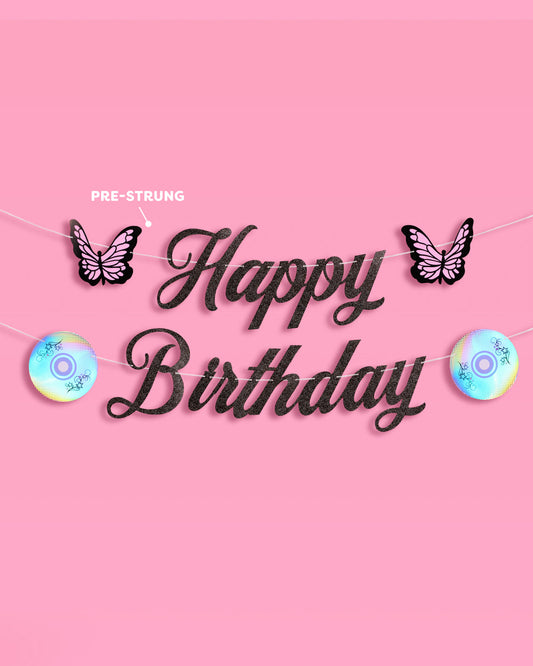Y2K Birthday Banner - black glitter banner