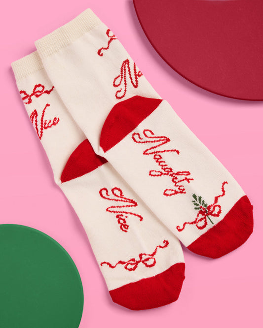 Naughty & Nice Knit Socks - cream crew socks