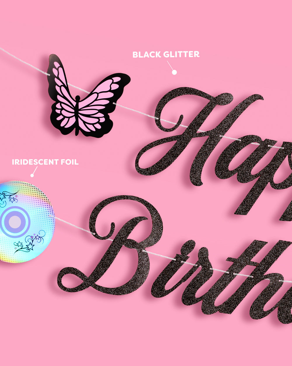 Y2K Birthday Banner - black glitter banner