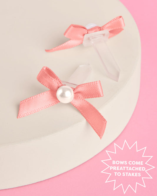 Pink Bow Cake Toppers - 12 pink + pearl cake toppers