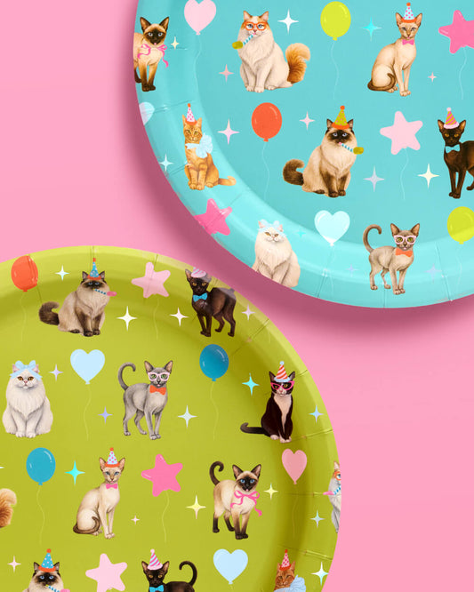 Cat Bday Bundle - banner, napkins, plates + party hats