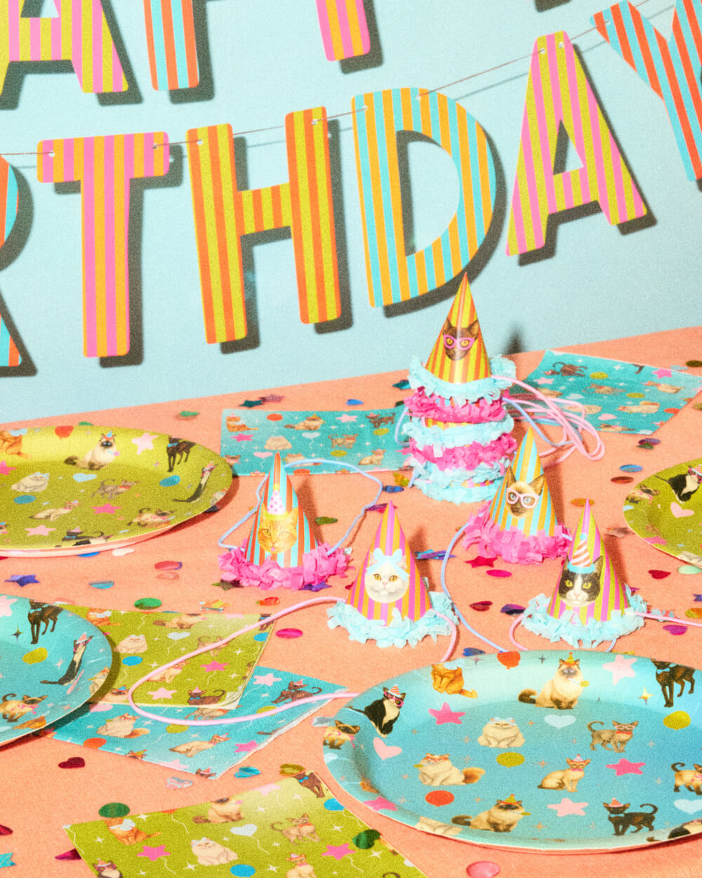 Cat Bday Bundle - banner, napkins, plates + party hats