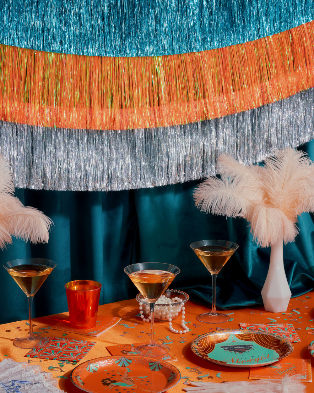 Showgirl Trio - teal + orange fringe banners