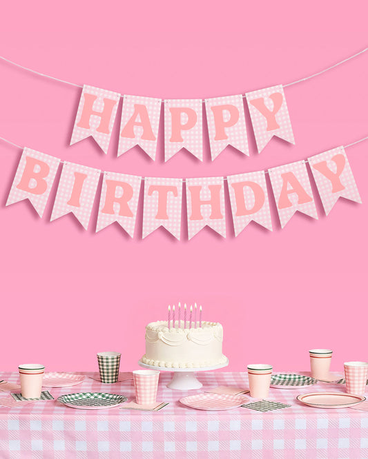 Gingham Birthday Banner - pre-strung banner
