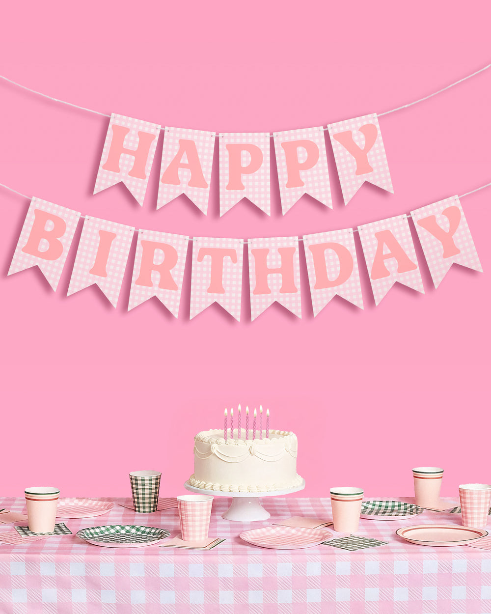 Gingham Birthday Banner - pre-strung banner