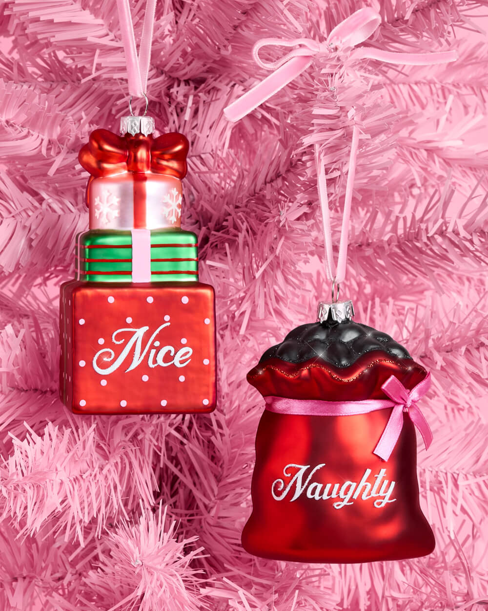 Naughty + Nice Ornament Set - glass ornament duo