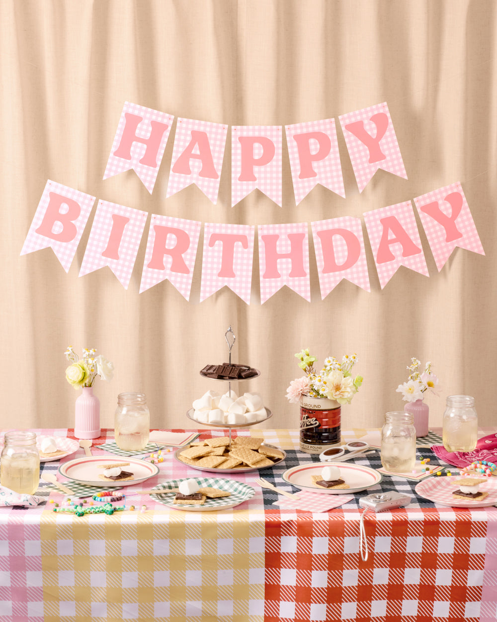 Gingham Birthday Banner - pre-strung banner