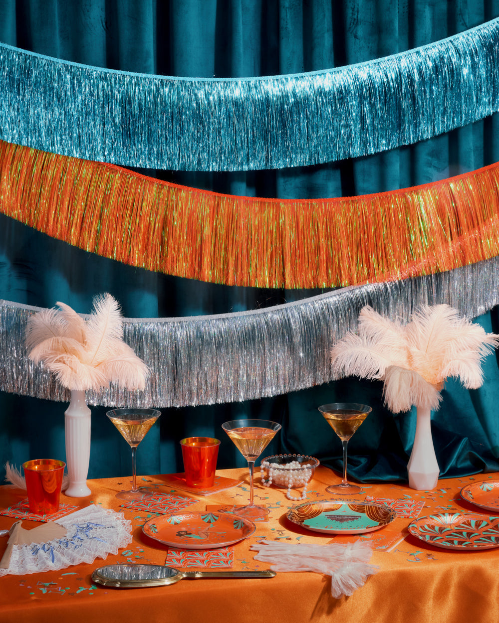 Showgirl Trio - teal + orange fringe banners