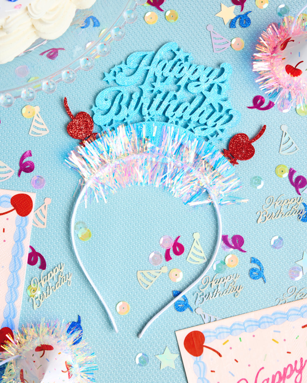 HBD Headband - cherry tinsel headband
