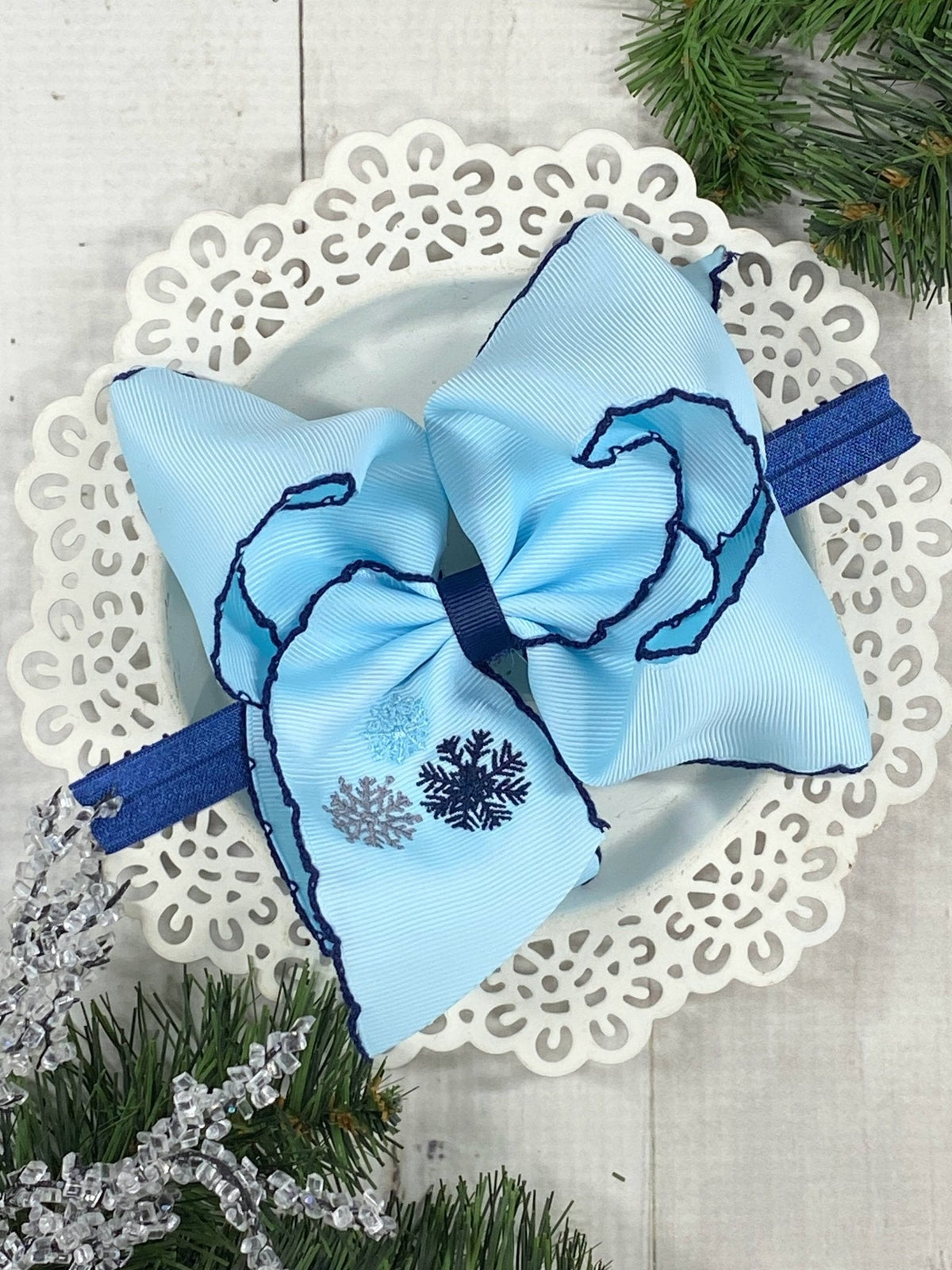 Snowflake Embroidered Moonstitch Hair Bow | Clip or Headband