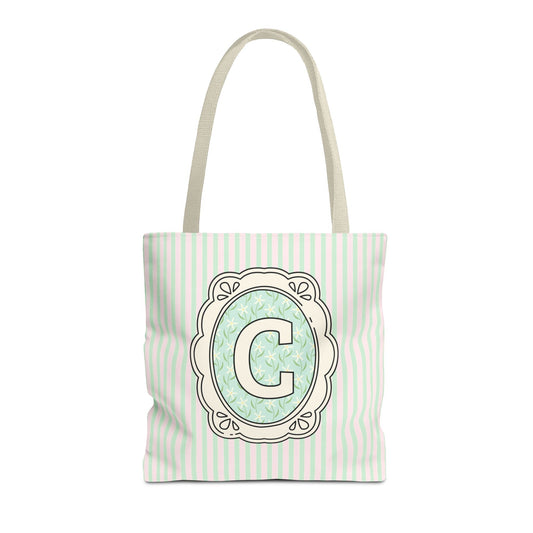 Soft Cottagecore Aesthetic Tote Bag with Flowers and Stripes, Cute Matching Bachelorette Gift for Sisters, Tote with Initial or Letter: C