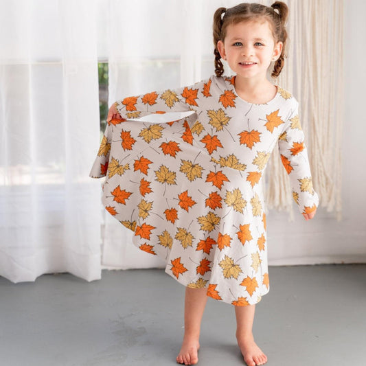 Swirly Girl Dress - Grey Leaves