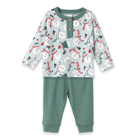 Christmas Snowmen Baby Boy's Bamboo Henley Top & Pants