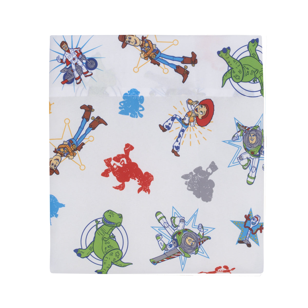 Disney Toy Story 4 - Blue, Green, Yellow Toys in Action 4 Piece Toddler Bed Set - Comforter, Flat Top Sheet, Fitted Bottom Sheet, Reversible Pillowcase