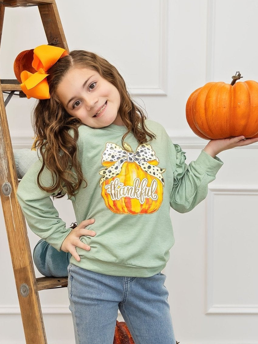Thankful Pumpkin Green Long Sleeve Thanksgiving Shirt