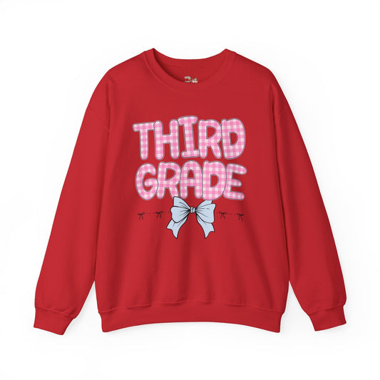 Third Grade Teacher Sweatshirt with Pink Gingham Letters