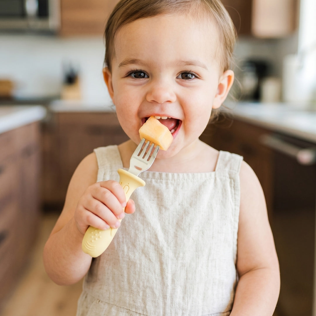 Stainless Steel Self Feeding Utensil Set of 4 (Butter Yellow & Baby Blue)