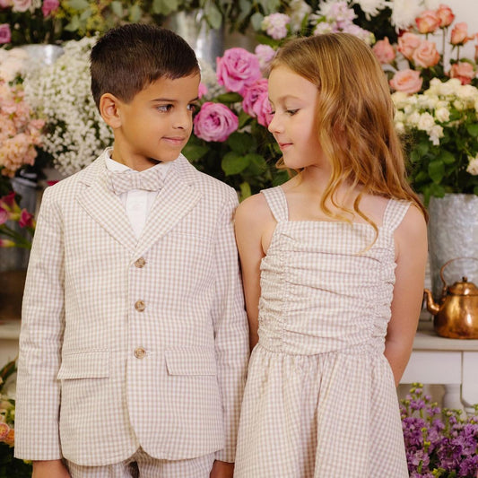 Organic Ruched Bodice Party Dress - Taupe Gingham Seersucker