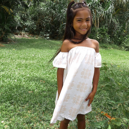 Tropical Cream Palaka Off the Shoulder Dress