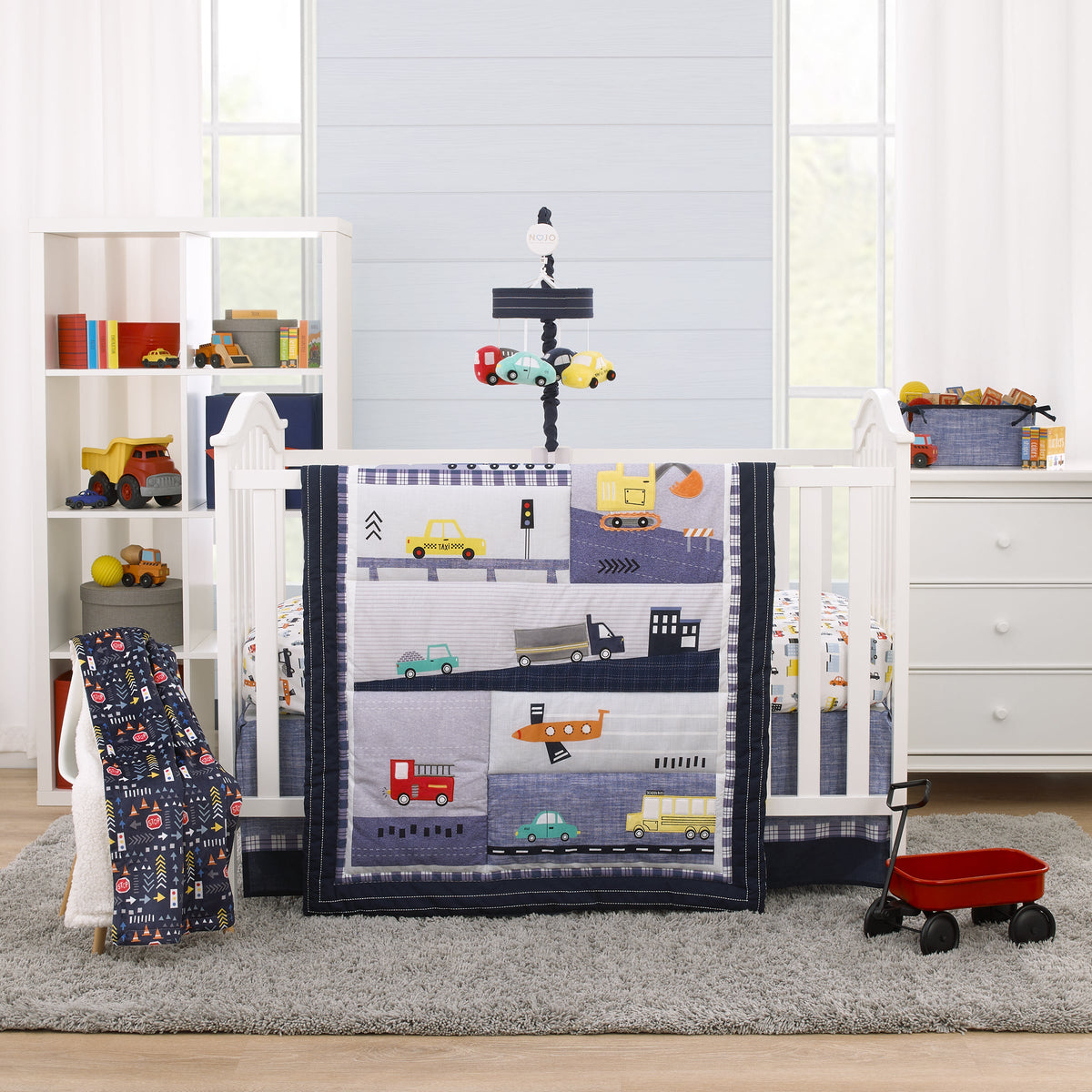 Transportation Trails Navy, Red, and Yellow Busy Cars, Trucks, Fire Engines 4 Piece Nursery Crib Bedding Set - Comforter, 100% Cotton Fitted Crib Sheet, Crib Skirt, and Nursery Organizer