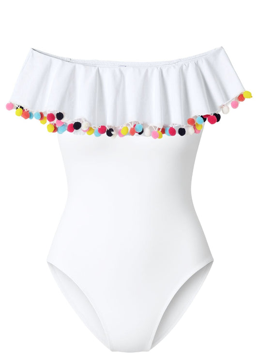 Womens White Multicolor Pom Poms