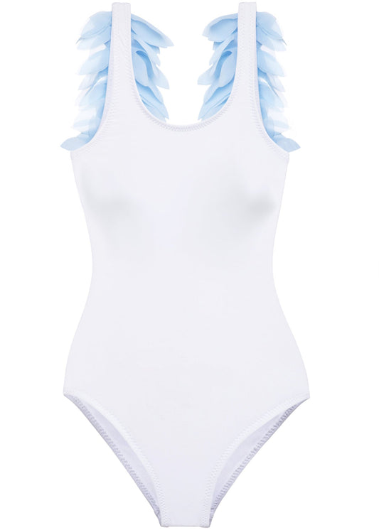 Womens White Bathing Suit with Blue Petals