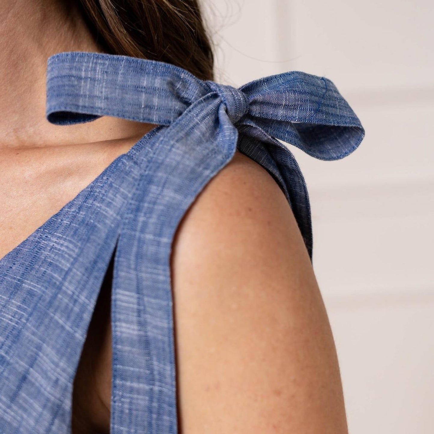Women's Bow Shoulder Organic Jumpsuit - Blue Chambray