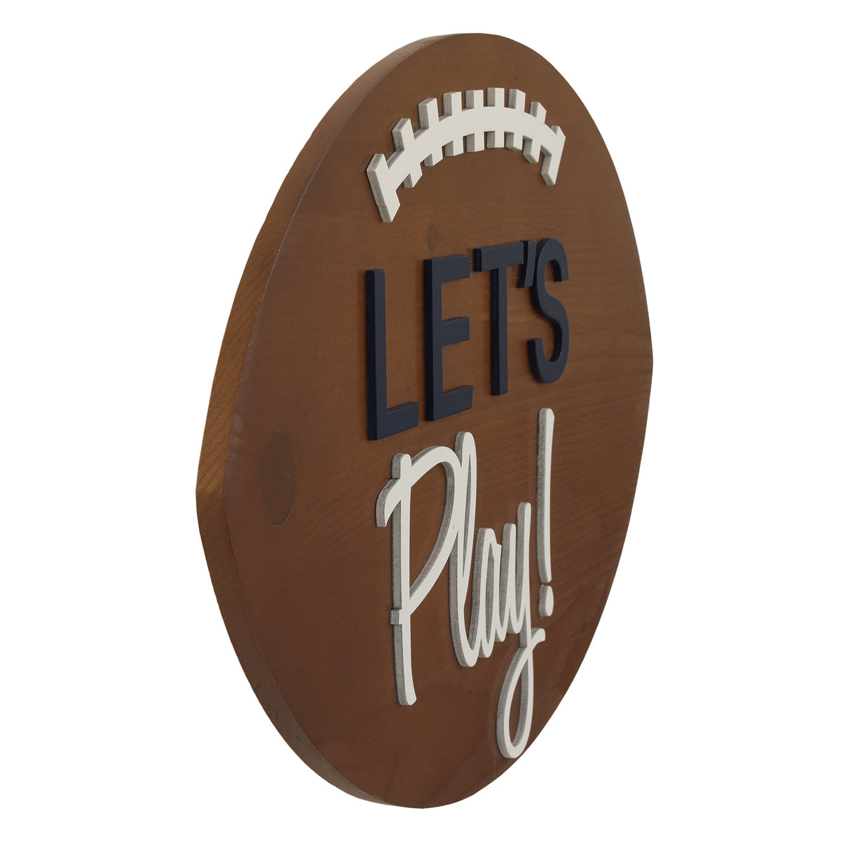 Football Shaped Let's Play Brown and White Wood Wall Decor
