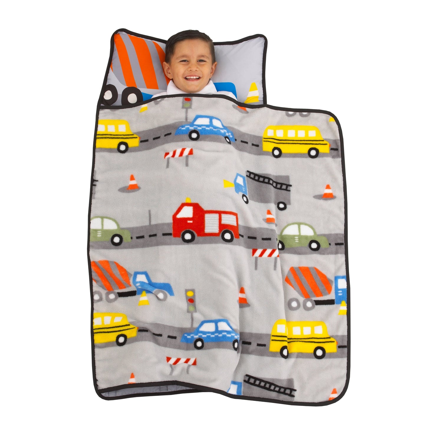Grey, Red, Yellow and Blue Construction Toddler Nap Mat with Pillow and Blanket