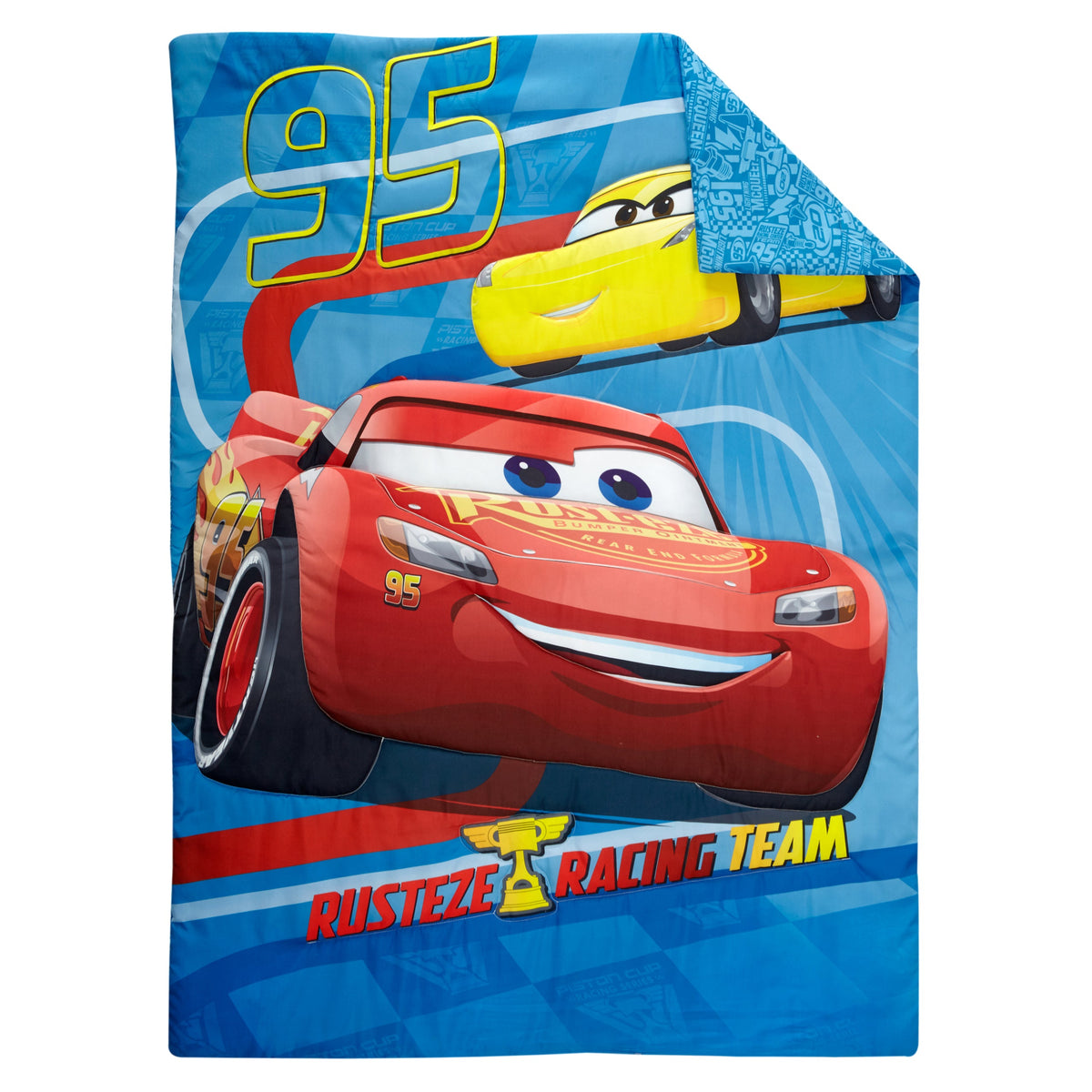 Disney Cars Rusteze Racing Team Blue, Red , and Yellow Amigo Cruz Ramirez and Jackson Storm 4 Piece Toddler Bed Set - Comforter, Fitted Bottom Sheet, Flat Top Sheet, and Reversible Pillowcase