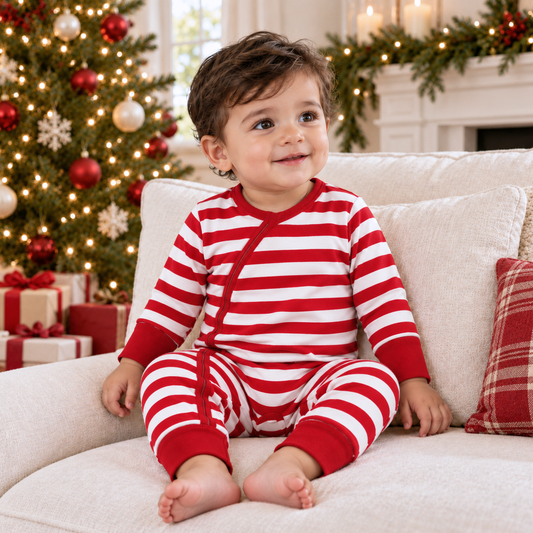 Candy Cane Christmas Stripe Baby Zipper Romper - 100% Cotton